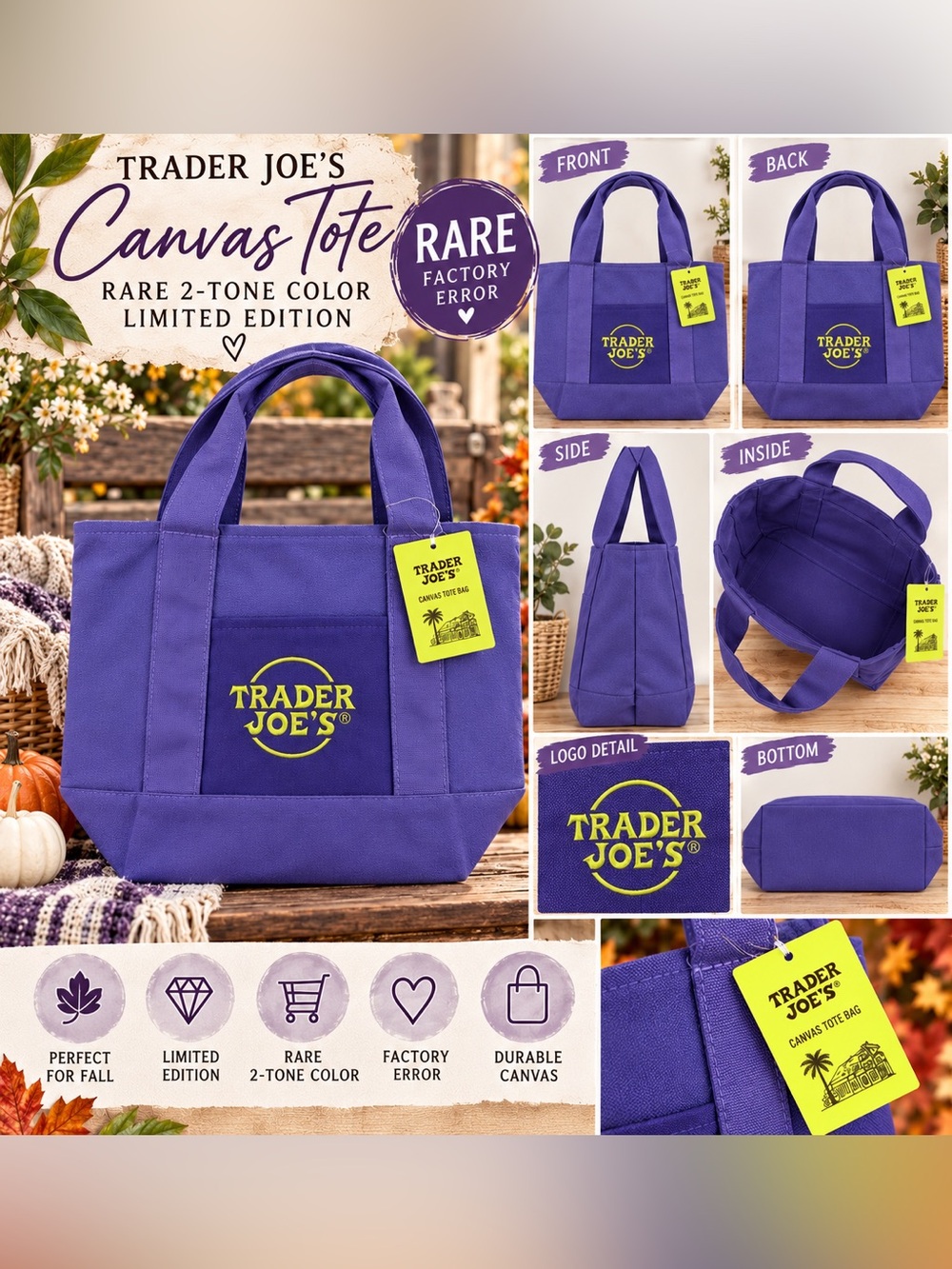 💜 Trader Joe’s Purple Canvas Tote — Rare 2-Tone Colorway
